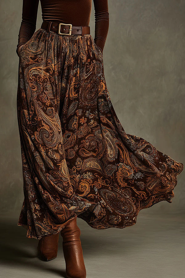 Stylish Velvet Long-sleeved Fitted Top and Unique Printed Casual Pocket Maxi Skirt Set-consonak