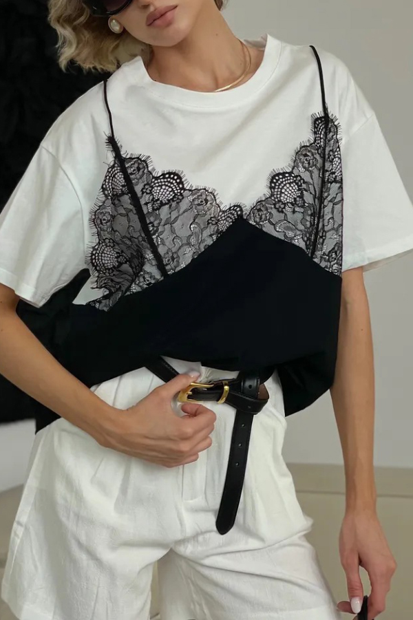 Fashionable Lace Patchwork Loose-fitting Round Neck Short-sleeved T-shirt