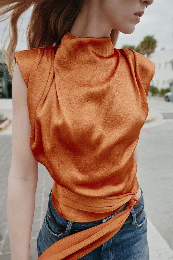 L'Aura Padded-Shoulder Wrap-Around Satin Top-Consonak