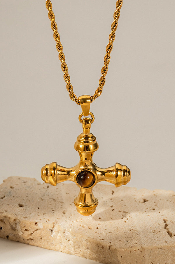Stainless Steel Tiger Eye Cross Pendant Necklace-consonak