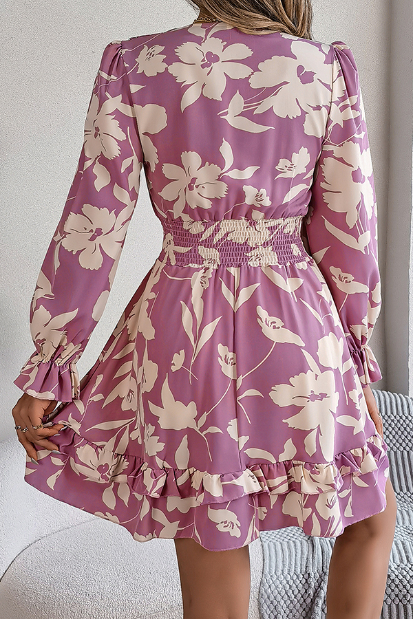 Floral Print V-neck Lace-up Long-sleeve Elastic Waist Mini Dress-consonak