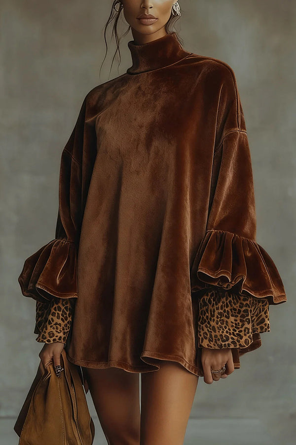 Fashionable Velvet Leopard Print Loose-fitting Turtleneck Long-sleeved Mini Dress-consonak