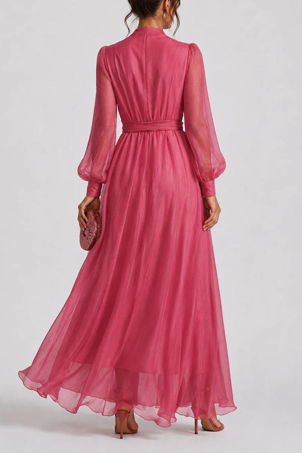 Sunset Elegance: Sheer Long Sleeve Wrap Dress in Hot Pink-Consonak