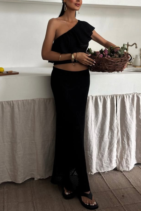 Solid Color One-shoulder Ruffled Openwork Top and Elastic Waist Holiday Knit Maxi Skirt Cover-up Set-consonak