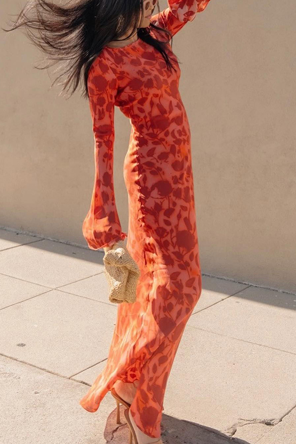 Gia Unique Print Boat Neck Long Bell Sleeve Bias Cut Maxi Dress-consonak