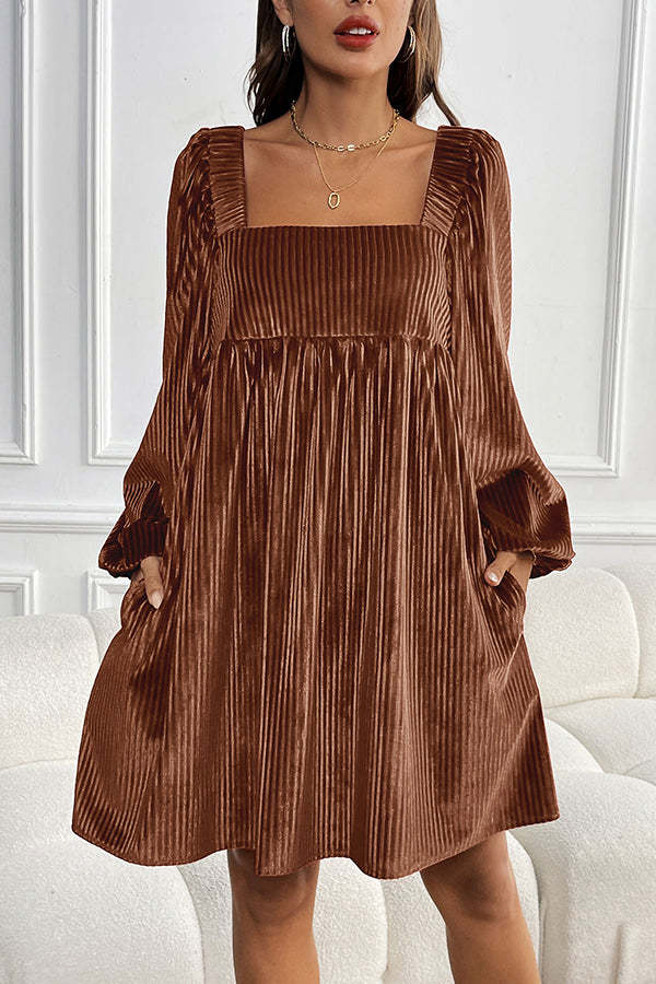 Solid Color Velvet Square Neck Long Sleeve Pocket Casual Mini Dress-consonak