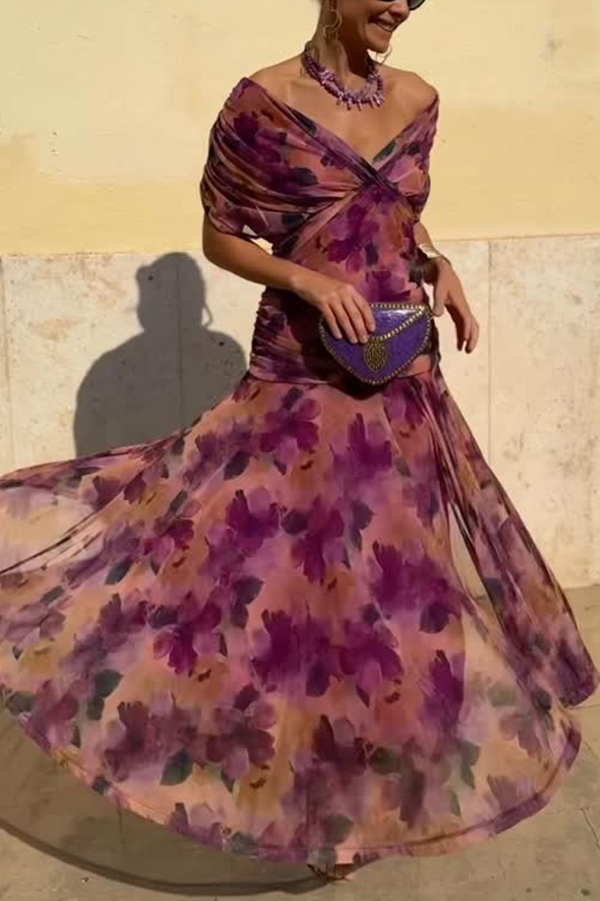 Unique Printed V-Neck Waisted Mesh Holiday Maxi Dress-consonak