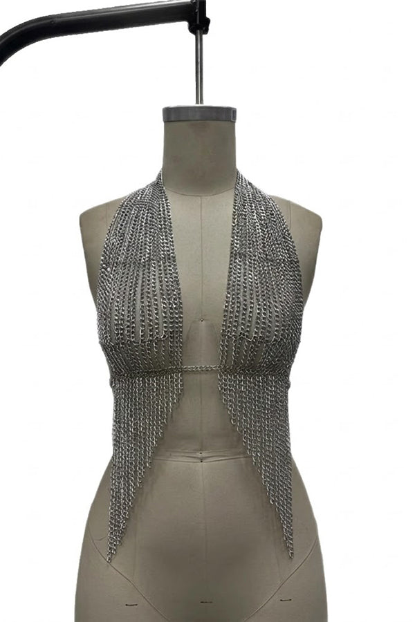 Silver Chainmail Tassel Halter Top Body Chain-Consonak