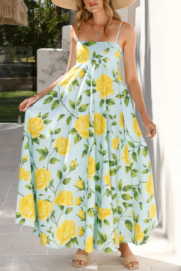 Floral Print Square Neck Sleeveless Casual Vacation Maxi Dress-consonak