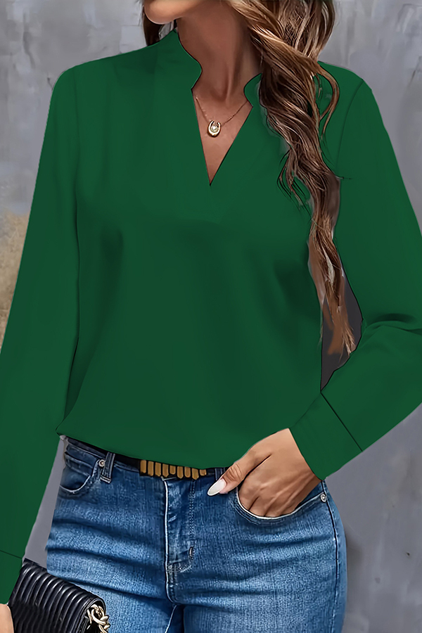 Solid Color Loose V-neck Long-sleeved Casual Shirt-consonak