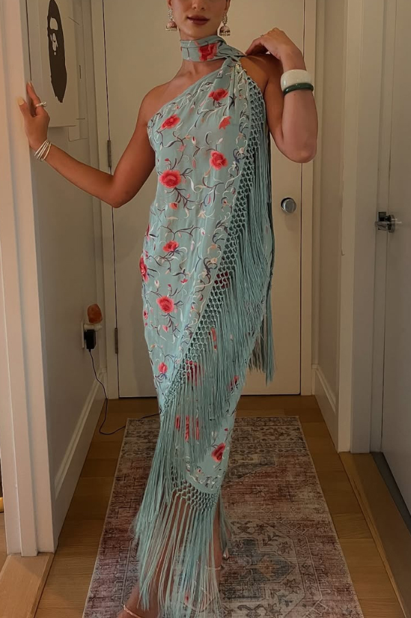 Floral Print Halter Neck Sleeveless Elegant Tassel Maxi Dress | Consonak