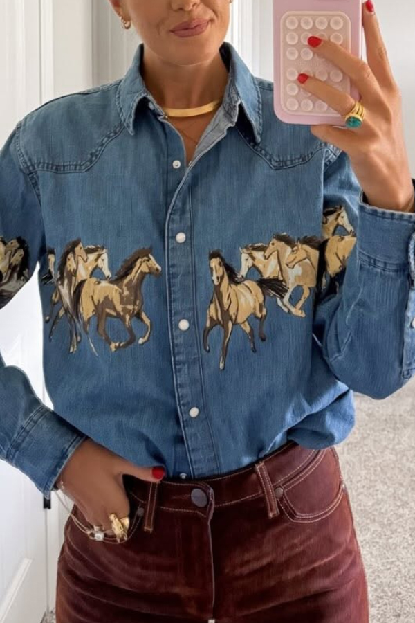 Stylish Horse Print Collared Long-Sleeved Casual Denim Jacket