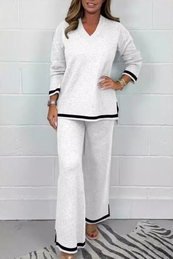 Solid Color V-neck Long-sleeved Loose Top and Elastic Waist Wide-leg Pants Set-consonak