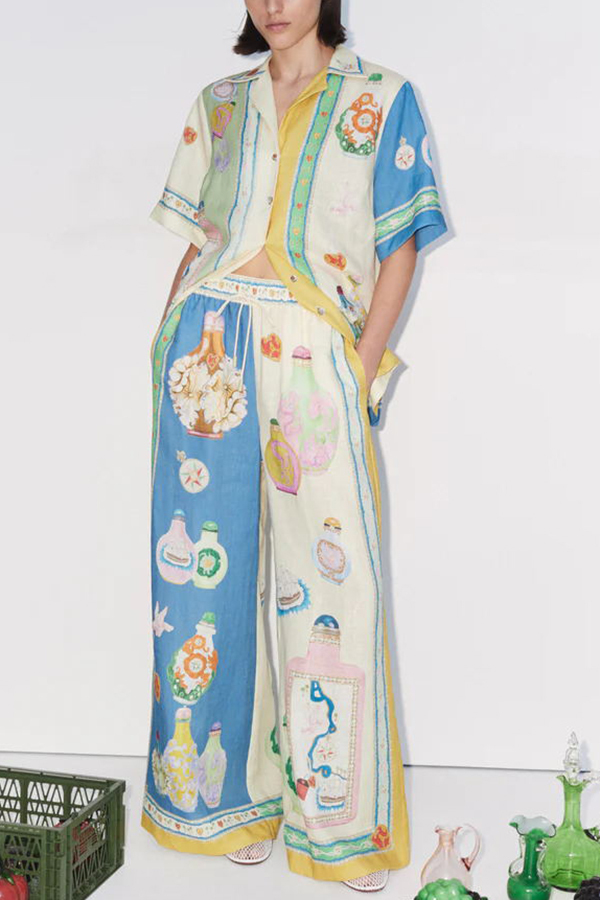 Creating Memories Linen Blend Unique Print Elastic Waist Pocket Wide Leg Pants-consonak