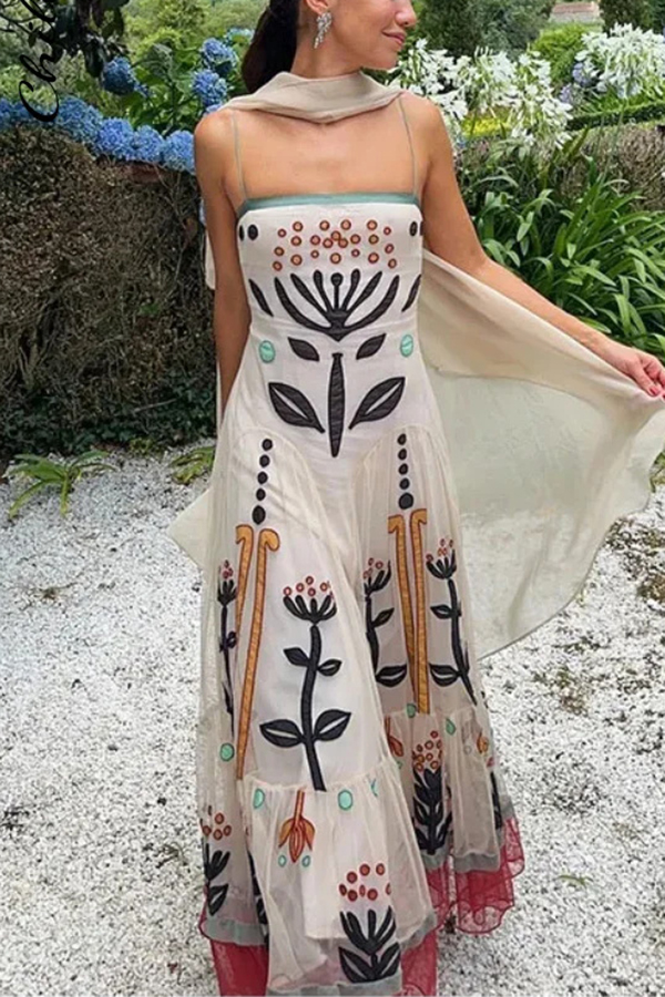 Botanical Print Chiffon Sling Backless Resort Maxi Dress-consonak