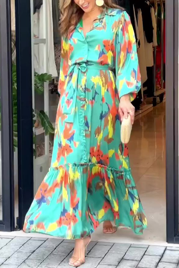 Multicolor Printed Lapel Balloon Sleeves Tie-waist Maxi Dress-consonak