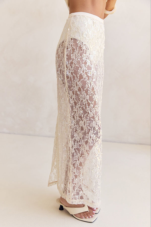 Vera Semi Sheer Flower Lace Sequin High Rise Maxi Skirt-consonak