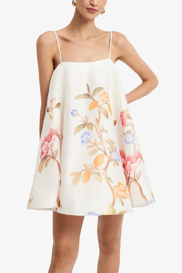 Blossoms Climb Lemon Vine Print Adjustable Straps A-line Mini Dress-consonak