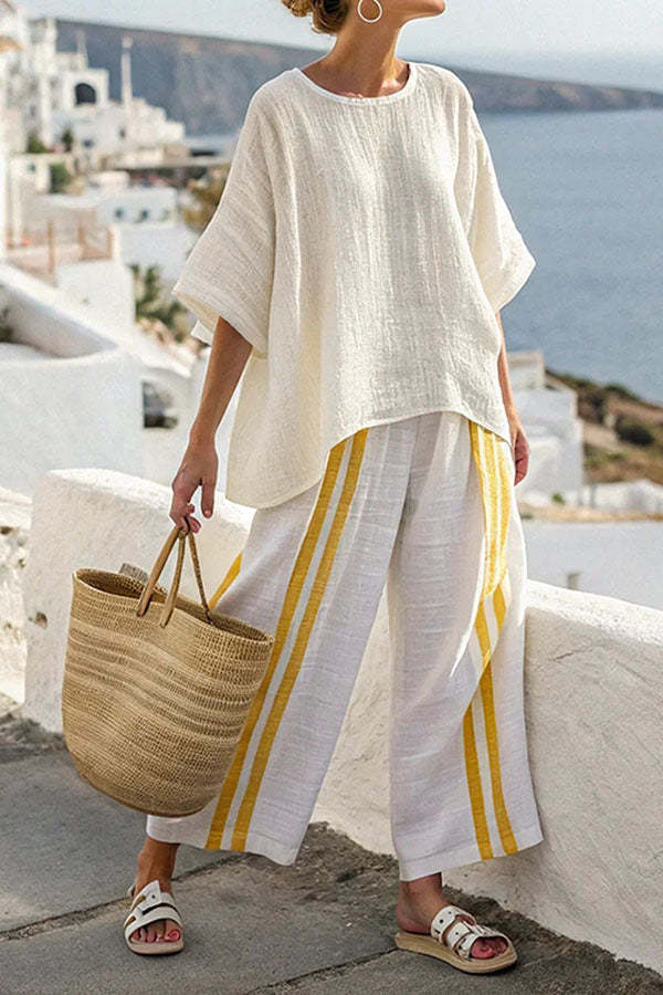 Linen Blend Unique Print Half Sleeve Top and Elastic Waist Pocket Loose Pants Set-consonak