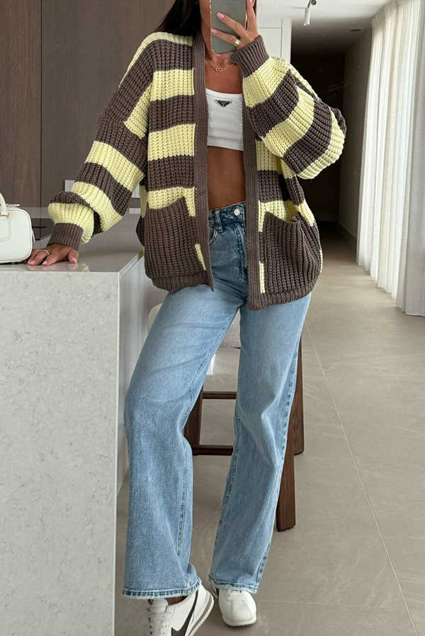 Fashionable Patchwork Striped Casual Pocket Knitted Sweater-consonak