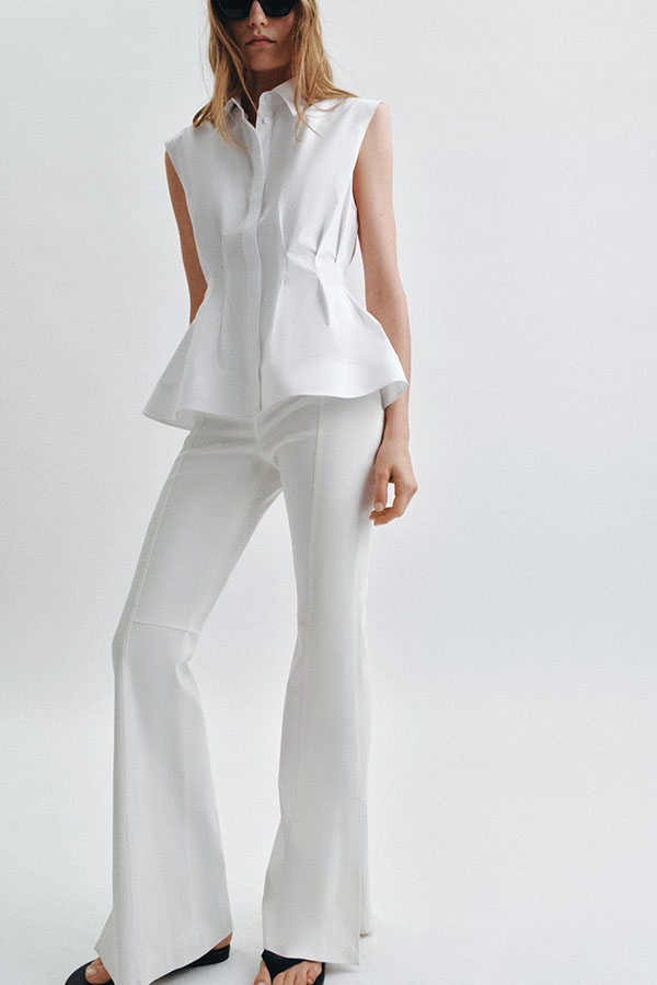 Devon Lapel Button Up Sleeveless Pleated Waist Flare Hem Shirt | Consonak