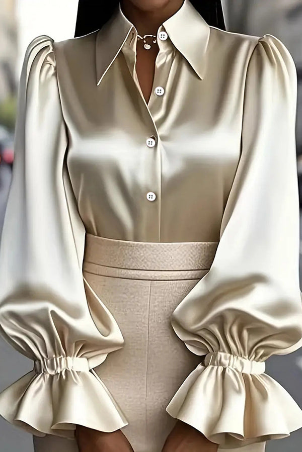 Solid Color Satin Puff Sleeve Casual Button-down Shirt-consonak