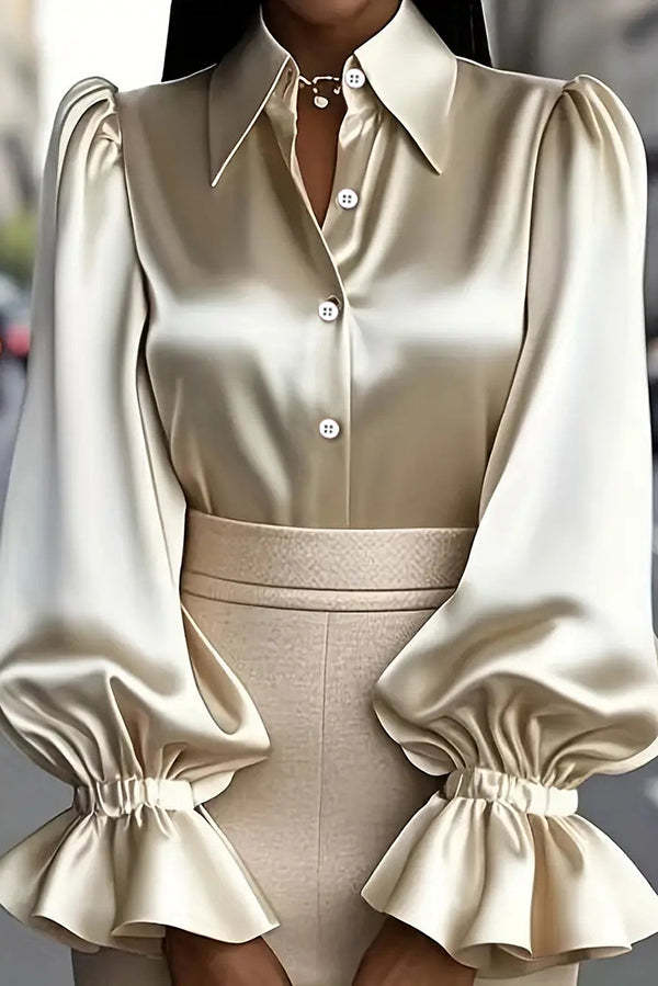 Solid Color Satin Puff Sleeve Casual Button-down Shirt-consonak