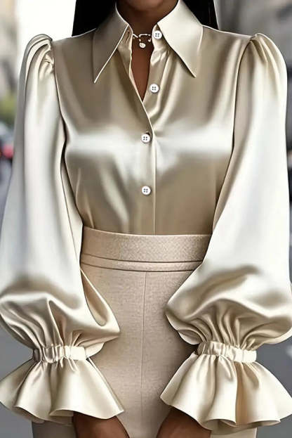 Solid Color Satin Puff Sleeve Casual Button-down Shirt-consonak