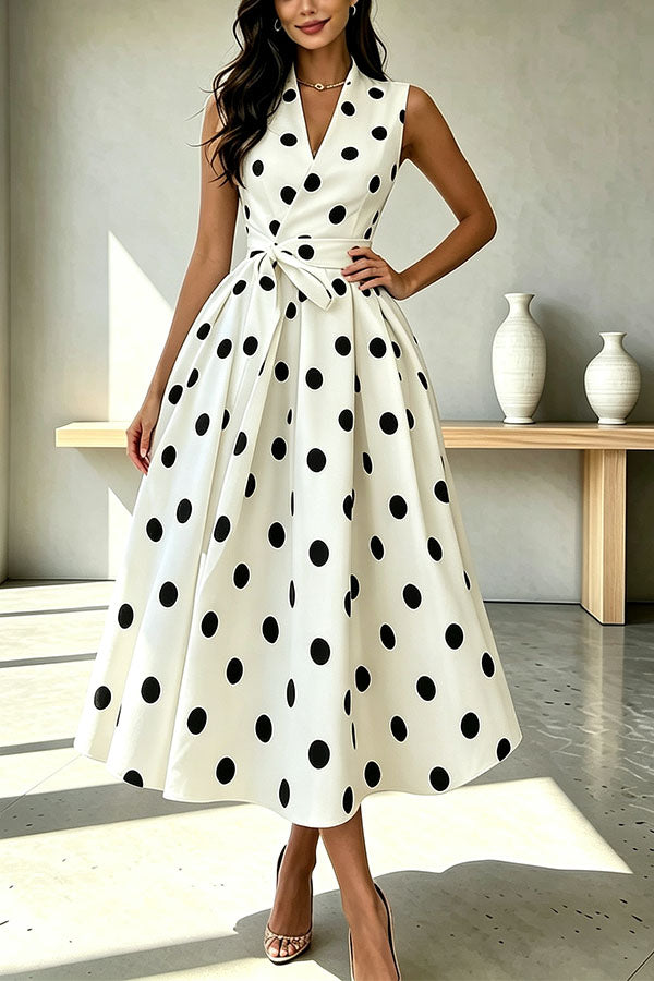 French Vintage Style Polka-dot Print Sleeveless Tie Waist Detail Midi Dress-Consonak