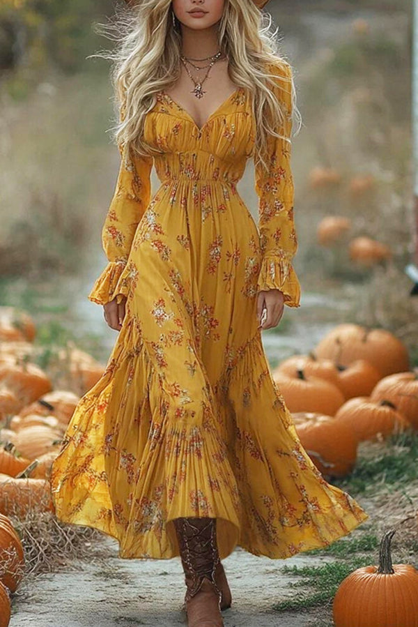 Floral Print V-neck Long-sleeved Pleated Holiday Midi Dress-consonak