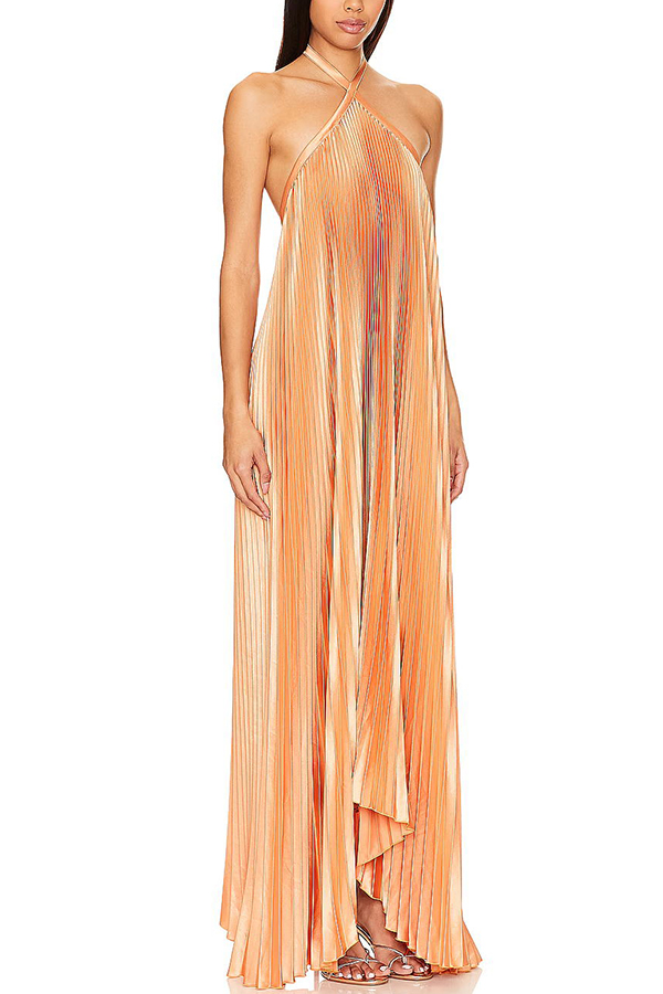 Luxurious Atmosphere Satin Halter Neck Backless A-line Gown Maxi Dress-consonak