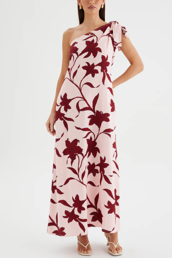 Botanical Print Sleeveless One-shoulder Tie-up Casual Vacation Maxi Dress-consonak