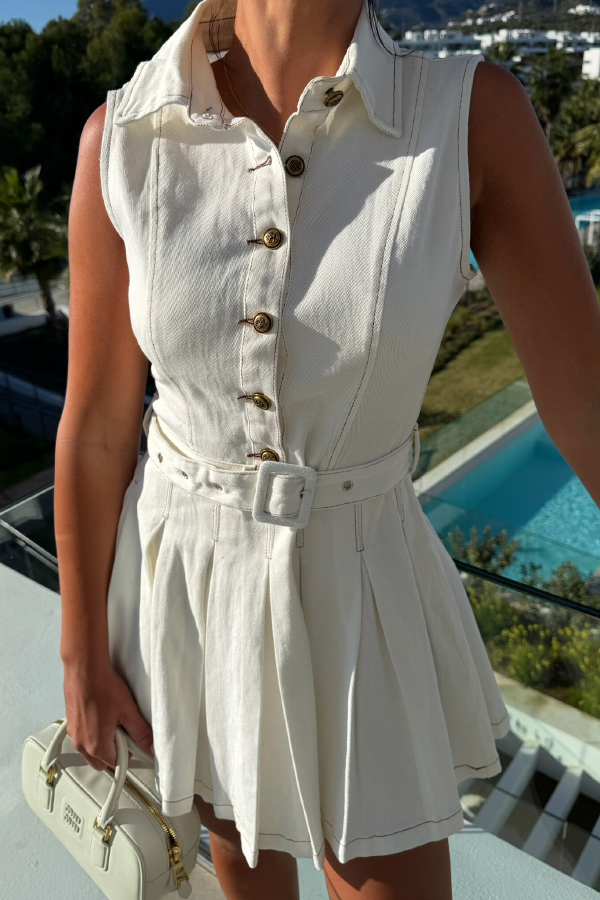 Stylish Collared Sleeveless Button-down Belted Casual Denim Mini Dress