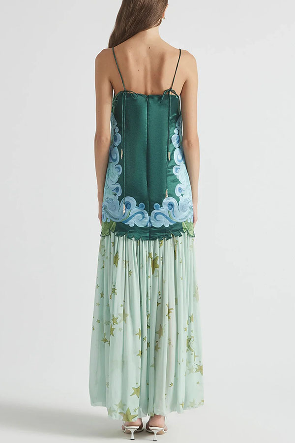 Fresh Bloom Unique Print Satin and Pleated Tulle Hem Slip Maxi Dress