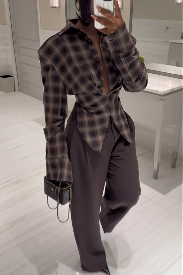 Vintage Plaid Shoulder Pad Buttons Long Sleeve Angled Hem Shirt-consonak