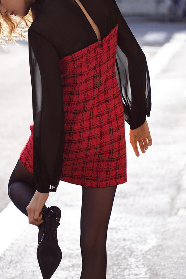 Festive Elegance Tulle Plaid Tweed Patchwork Balloon Sleeve Mini Dress-consonak