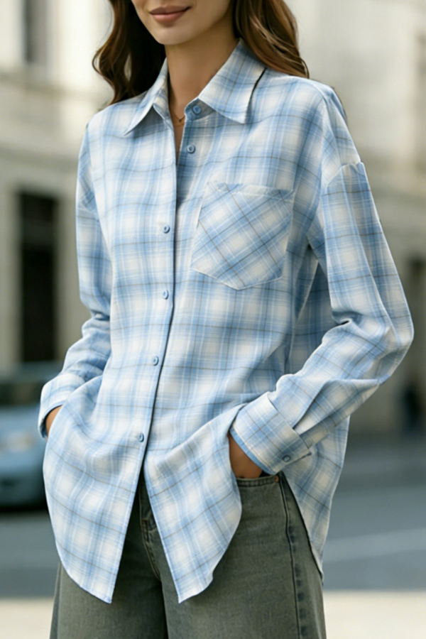 Plaid Print Loose Collar Long Sleeve Pockets Casual Shirt
