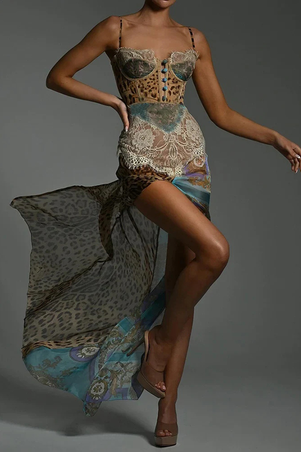 Chiffon Leopard Print Sexy Lace Splicing High Slit Slim Maxi Dress | Consonak