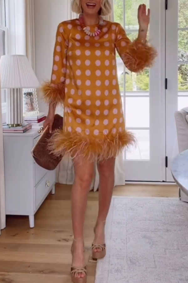 Playful and Cute Satin Polka Dot Print Half Sleeve Feather Trim H-line Mini Dress | Consonak