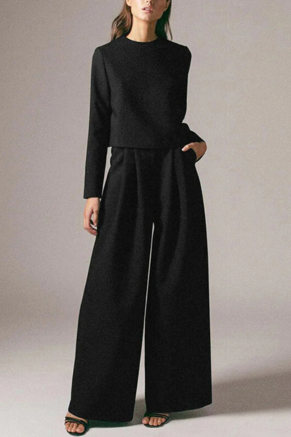 Solid Color Crew Neck Long-sleeved Cropped Top and Casual Pocket Wide-leg Pants Set-consonak
