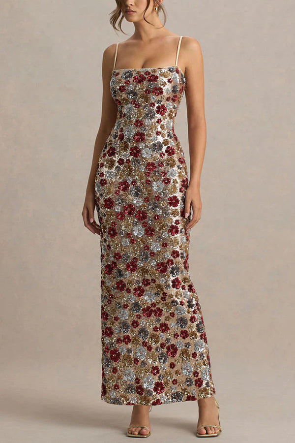 The Center of Attention Floral Print Sequin Square Neck Slip Stretch Maxi Dress-consonak