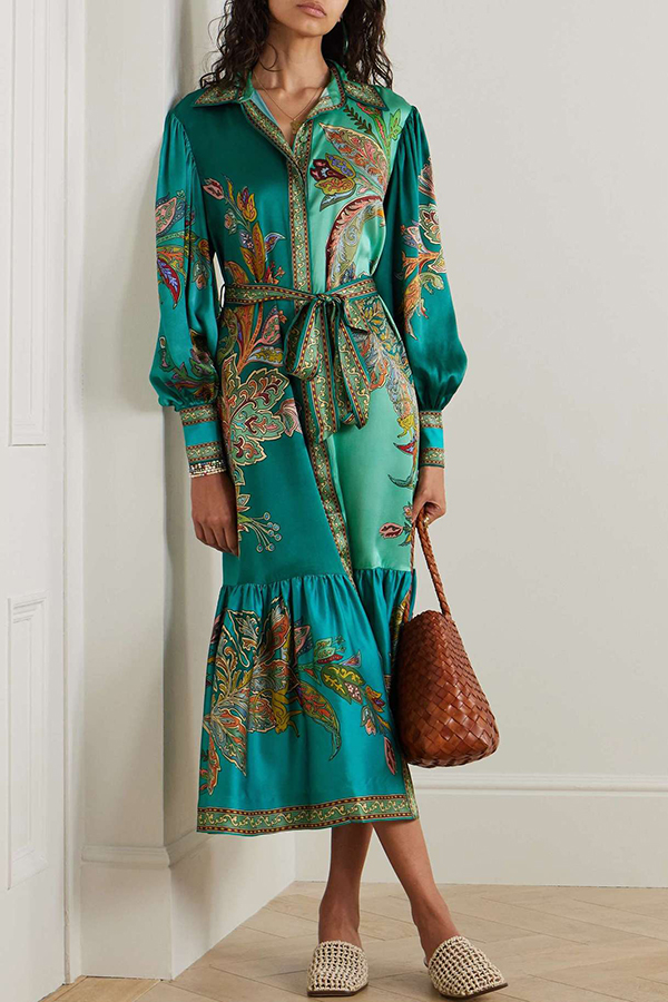 Resort Style satin Unique Printed Lapel Lantern Sleeve Lace-up Midi Dress-consonak