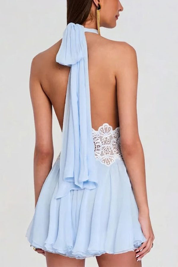 Ethereal Lace-Waist Halter Mini Dress-Consonak