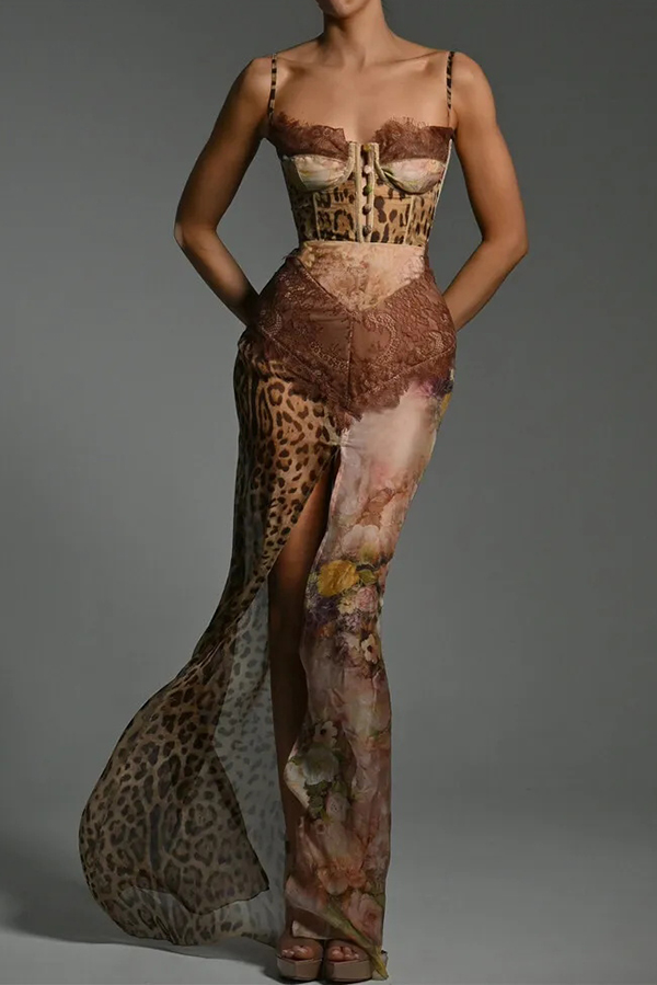 Chiffon Leopard Print Sexy Lace Splicing High Slit Slim Maxi Dress | Consonak