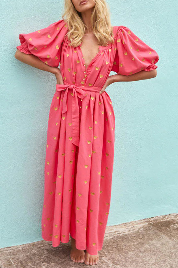 Valentine's Day Gold Heart Print Puff Sleeve Button Pocketed Loose Maxi Dress-consonak