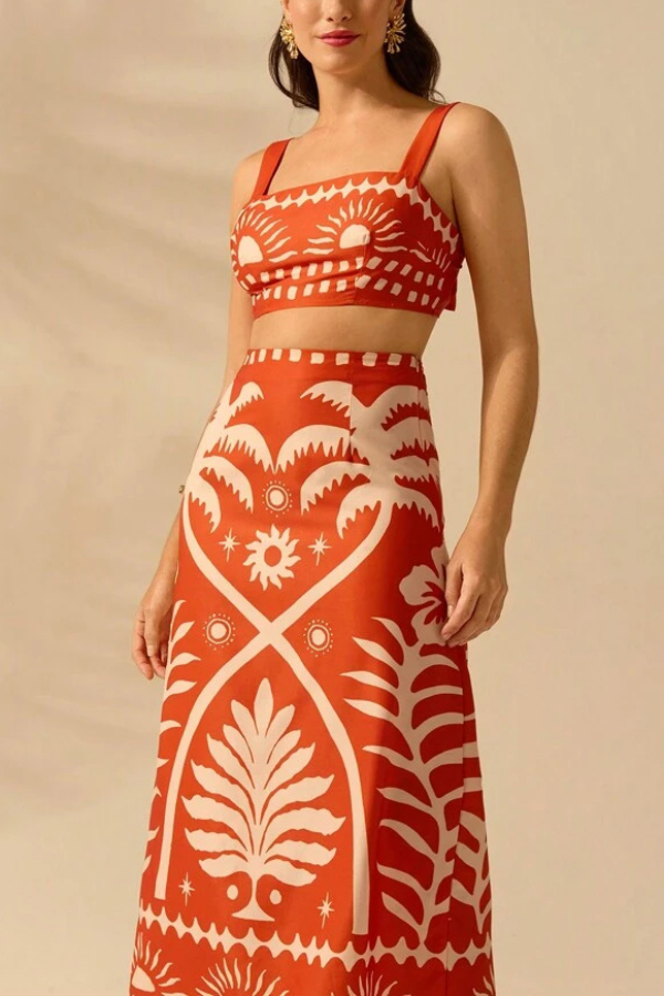 Holiday Print Square Neck Back Bow Top and Casual Maxi Skirt Set