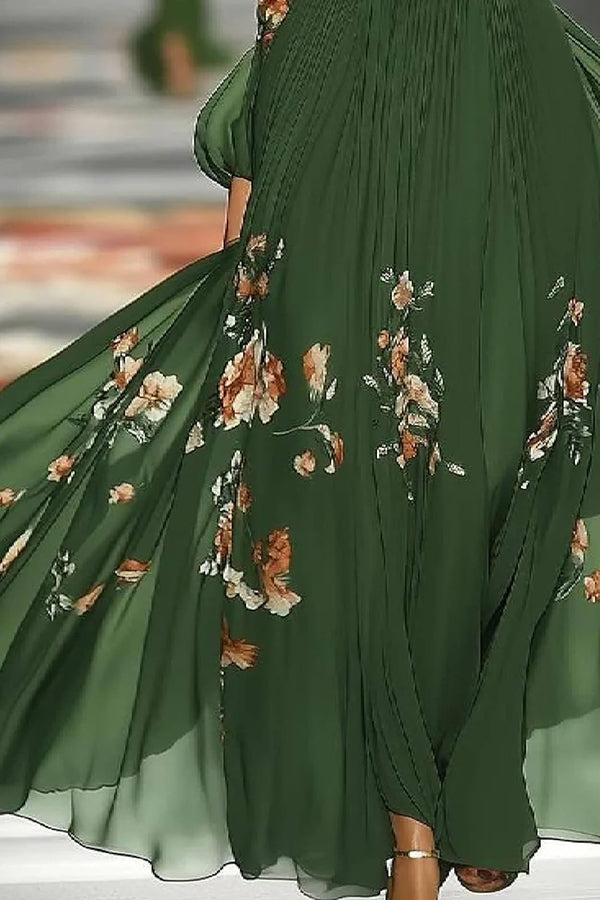 Floral Print Elegant Off-shoulder Fitted Waist Maxi Dress-consonak