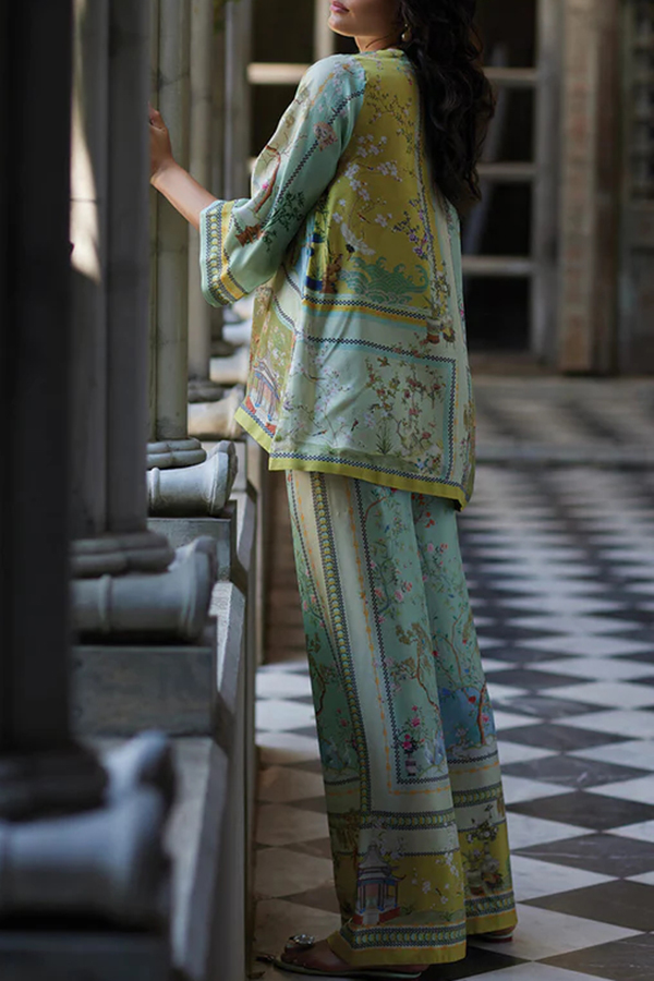 Elonie Satin Floral Print V-neck Half Sleeve Top and Elastic Waist Wide Leg Pants Set-consonak