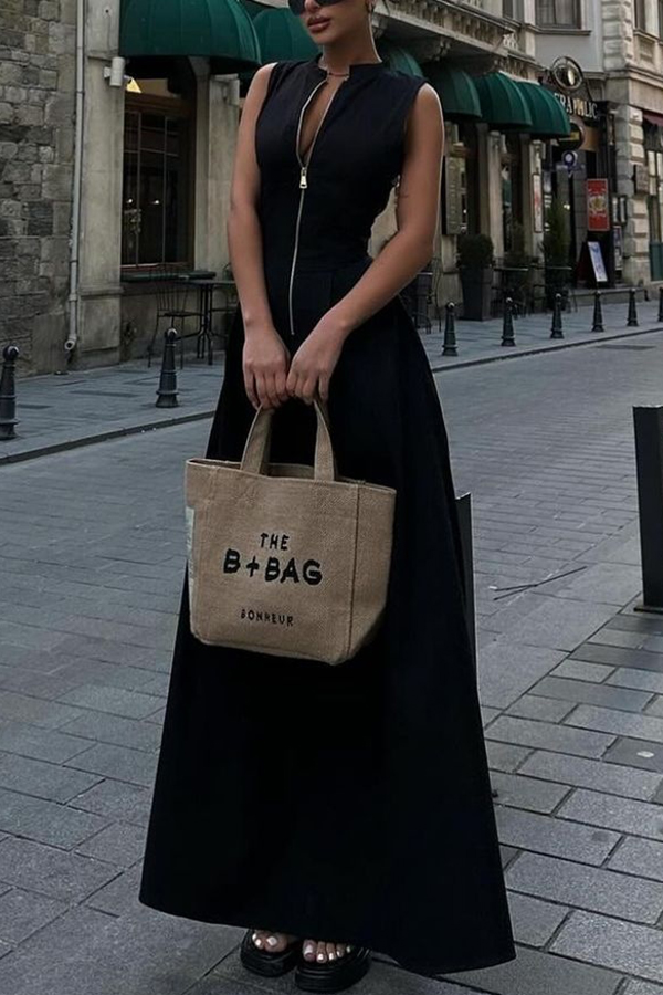 Stylish Sleeveless Zippered V-neck Slim Fit Maxi Dress-consonak