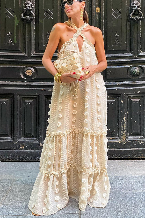 Sweet By The Sea Flower Decor Halter Party Maxi Dress-consonak